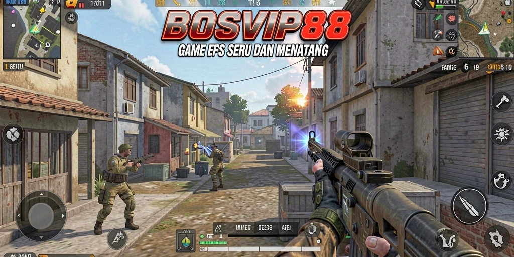 Tampilan gameplay seru dari BOSVIP88 di medan perang FPS.