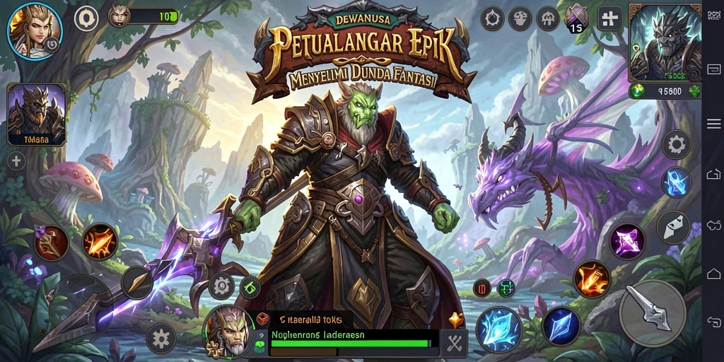 Screenshot DEWANUSA menampilkan aksi pertempuran seru dalam dunia fantasi.