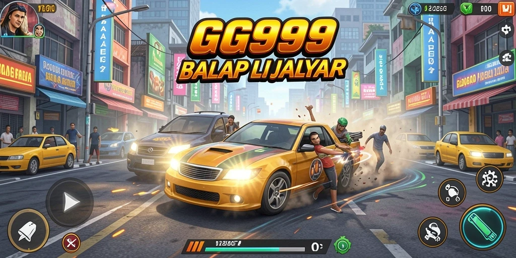 Screenshot utama GG999 menampilkan aksi balap yang mendebarkan dan kendaraan yang keren.