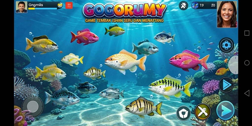 Tampilan menarik dari gameplay GOGORUMMY saat menembak ikan.