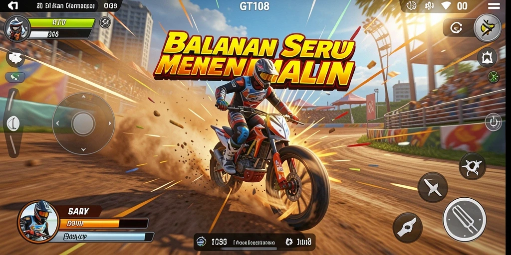 Screenshot GT108 menampilkan aksi balapan cepat dan dramatis.