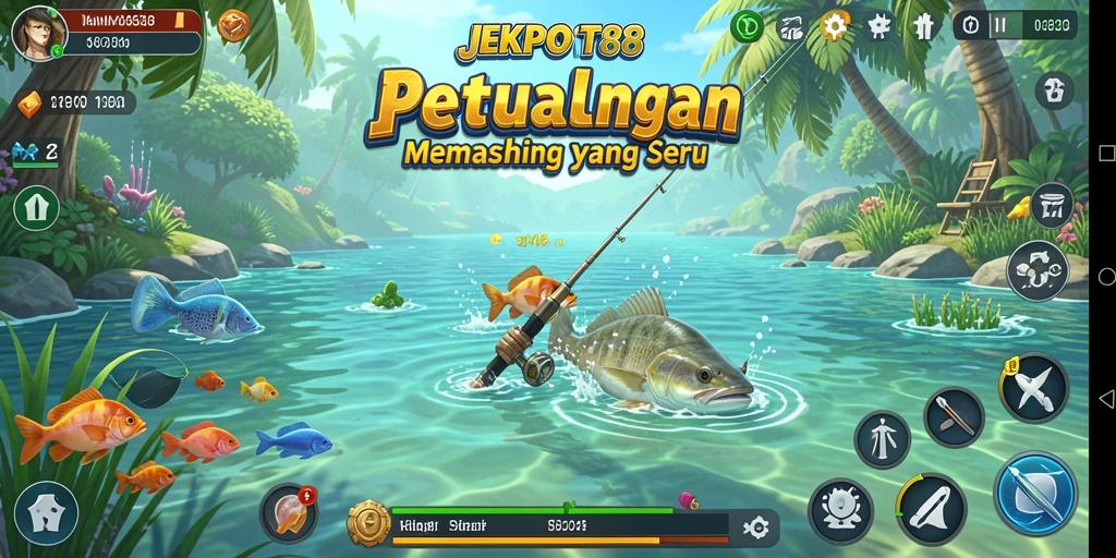 Screenshot gameplay JEKPOT88 menampilkan pemancing di lokasi menakjubkan dengan berbagai ikan.