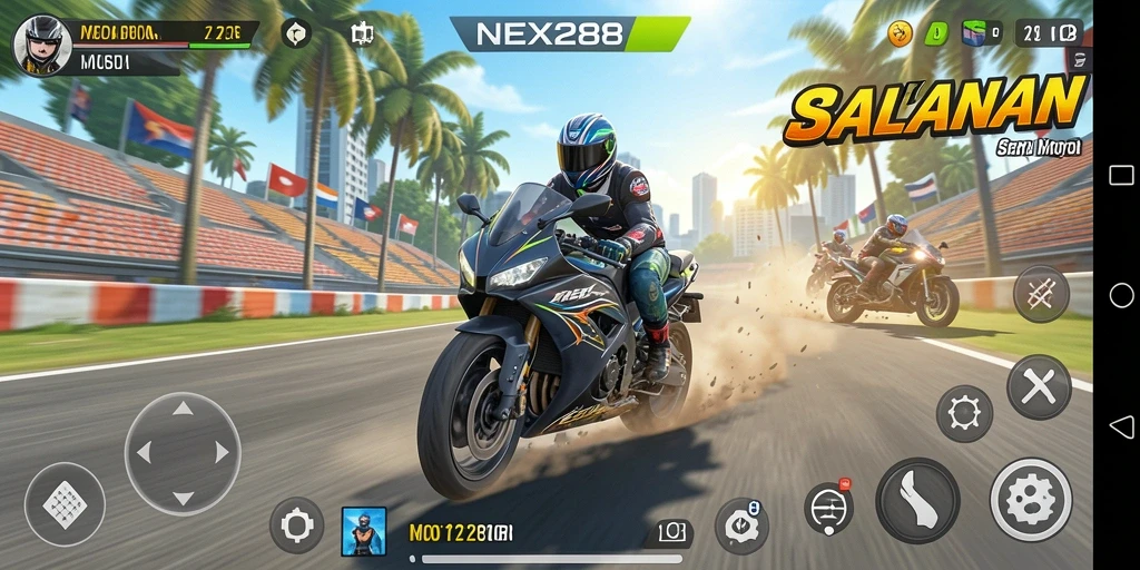 Screenshot menunjukkan aksi balapan motor seru di NEX288.